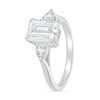 Thumbnail Image 1 of Emerald-Cut and Pear-Shaped White Lab-Created Sapphire Three Stone Ring in Sterling Silver
