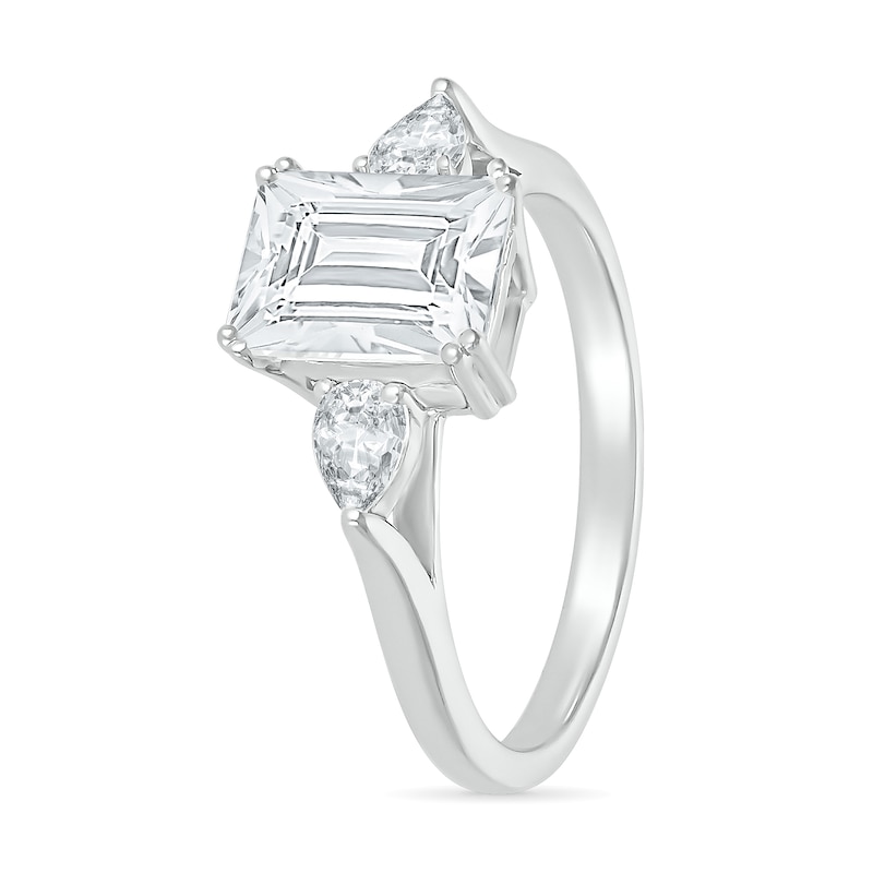 Emerald-Cut and Pear-Shaped White Lab-Created Sapphire Three Stone Ring in Sterling Silver
