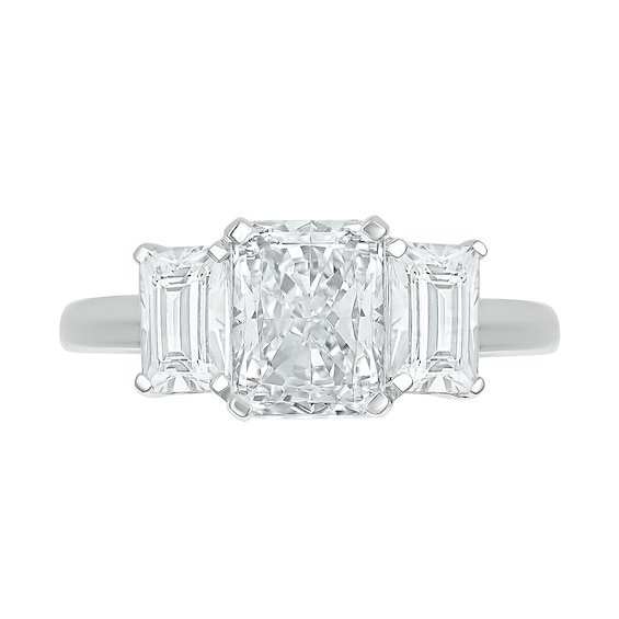Emerald-Cut White Lab-Created Sapphire Three Stone Ring in Sterling Silver