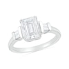 Thumbnail Image 0 of Emerald-Cut and Baguette White Lab-Created Sapphire Collar Three Stone Ring in Sterling Silver