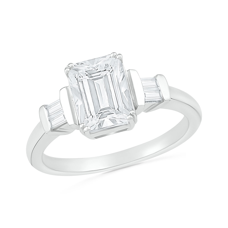Emerald-Cut and Baguette White Lab-Created Sapphire Collar Three Stone Ring in Sterling Silver