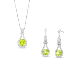 Peridot and White Lab-Created Sapphire Elongated Doorknocker Pendant and Drop Earrings Set in Sterling Silver