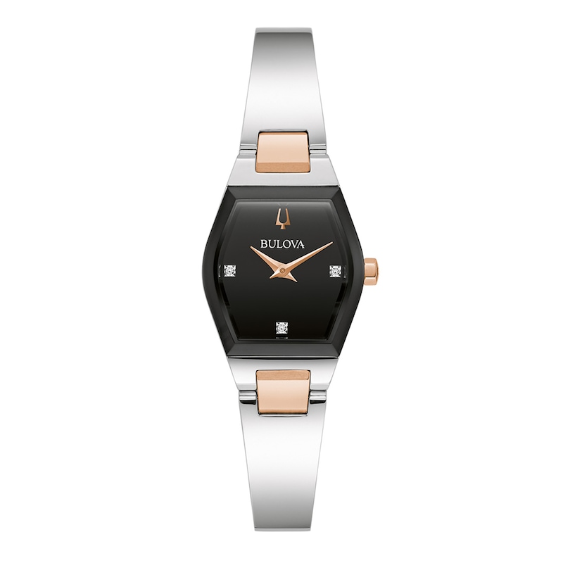 Ladies' Bulova Gemini Collection Diamond Accent Two-Tone Watch with Tonneau Black Dial (Model: 98P216)|Peoples Jewellers