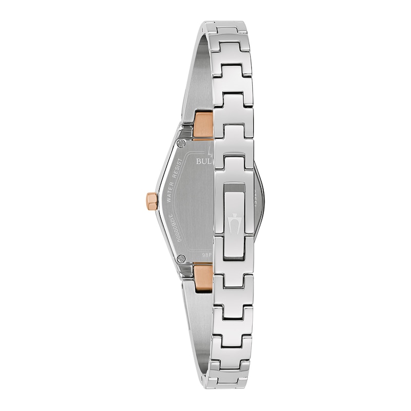 Ladies' Bulova Gemini Collection Diamond Accent Two-Tone Watch with Tonneau Black Dial (Model: 98P216)