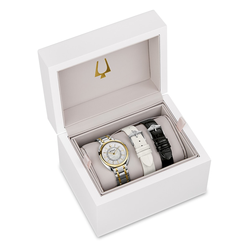Ladies' Bulova Duality 0.10 CT. T.W. Diamond Interchangeable Strap Two-Tone Watch with White Denshu Dial (Model: 98X134)|Peoples Jewellers