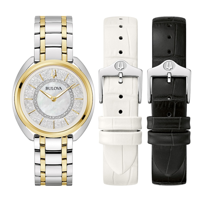 Ladies' Bulova Duality 0.10 CT. T.W. Diamond Interchangeable Strap Two-Tone Watch with White Denshu Dial (Model: 98X134)