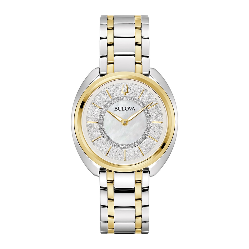 Ladies' Bulova Duality 0.10 CT. T.W. Diamond Interchangeable Strap Two-Tone Watch with White Denshu Dial (Model: 98X134)