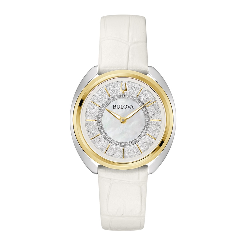 Ladies' Bulova Duality 0.10 CT. T.W. Diamond Interchangeable Strap Two-Tone Watch with White Denshu Dial (Model: 98X134)