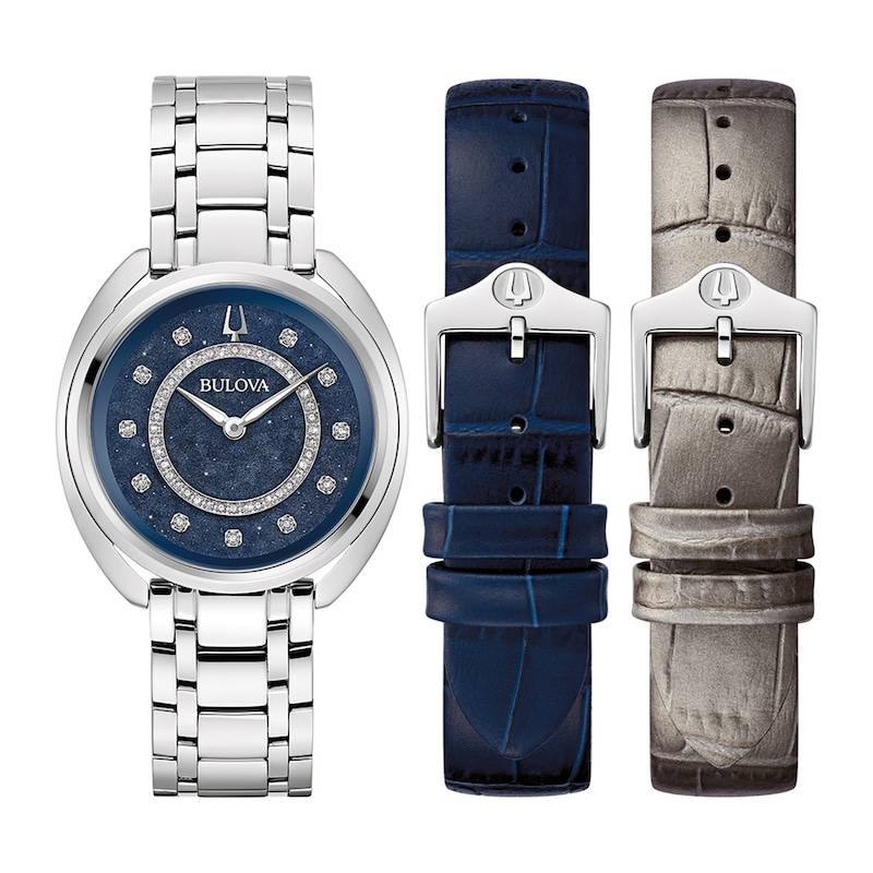 Ladies' Bulova Duality 0.13 CT. T.W. Diamond Interchangeable Strap Watch with Blue Denshu Dial (Model: 96X160)