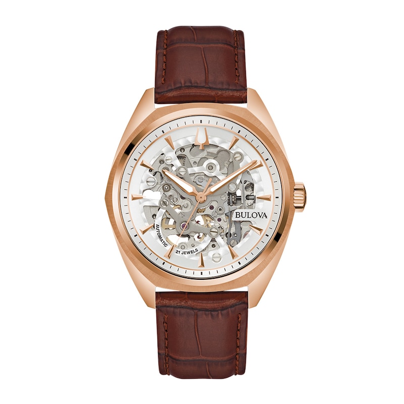 Men's Bulova Surveyor Rose-Tone Brown Leather Strap Watch with White Skeleton Dial (Model: 97A175)|Peoples Jewellers