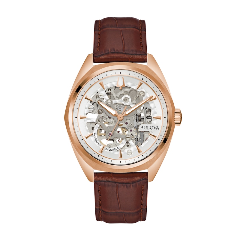Main Image 1 of Men's Bulova Surveyor Rose-Tone Brown Leather Strap Watch with White Skeleton Dial (Model: 97A175)