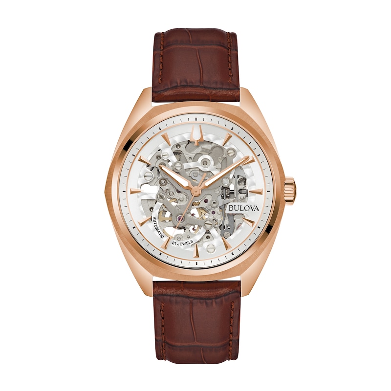 Men's Bulova Surveyor Rose-Tone Brown Leather Strap Watch with White Skeleton Dial (Model: 97A175)|Peoples Jewellers