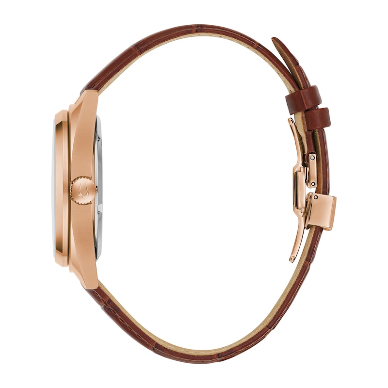 Main Image 2 of Men's Bulova Surveyor Rose-Tone Brown Leather Strap Watch with White Skeleton Dial (Model: 97A175)