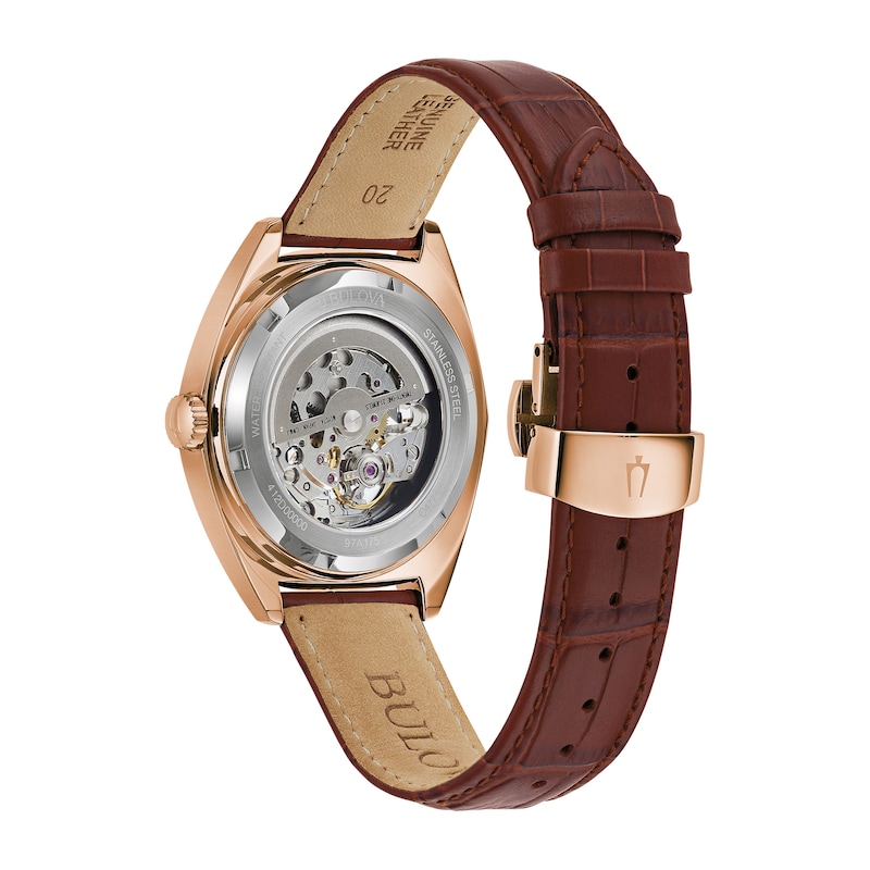 Men's Bulova Surveyor Rose-Tone Brown Leather Strap Watch with White Skeleton Dial (Model: 97A175)|Peoples Jewellers