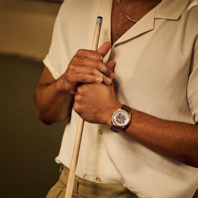 Main Image 4 of Men's Bulova Surveyor Rose-Tone Brown Leather Strap Watch with White Skeleton Dial (Model: 97A175)