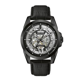 Men's Bulova Automatic Collection Black IP Leather Strap Watch with Black and Silver Skeleton Dial (Model: 98A304)