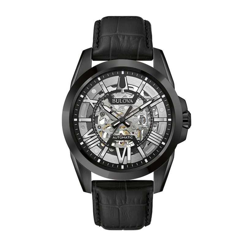 Main Image 1 of Men's Bulova Automatic Collection Black IP Leather Strap Watch with Black and Silver Skeleton Dial (Model: 98A304)
