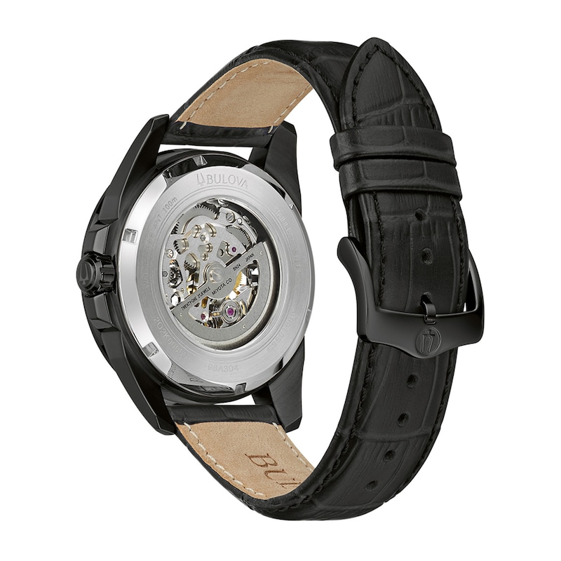 Main Image 3 of Men's Bulova Automatic Collection Black IP Leather Strap Watch with Black and Silver Skeleton Dial (Model: 98A304)