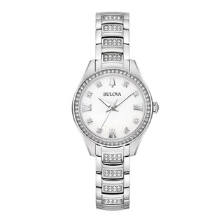 Ladies' Bulova Crystal Accent Silver-Tone Watch with Mother-of-Pearl Dial (Model: 96L311)