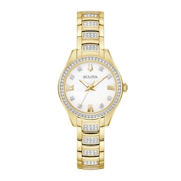 Ladies' Bulova Crystal Accent Gold-Tone Watch with Mother-of-Pearl Dial (Model: 98L306)