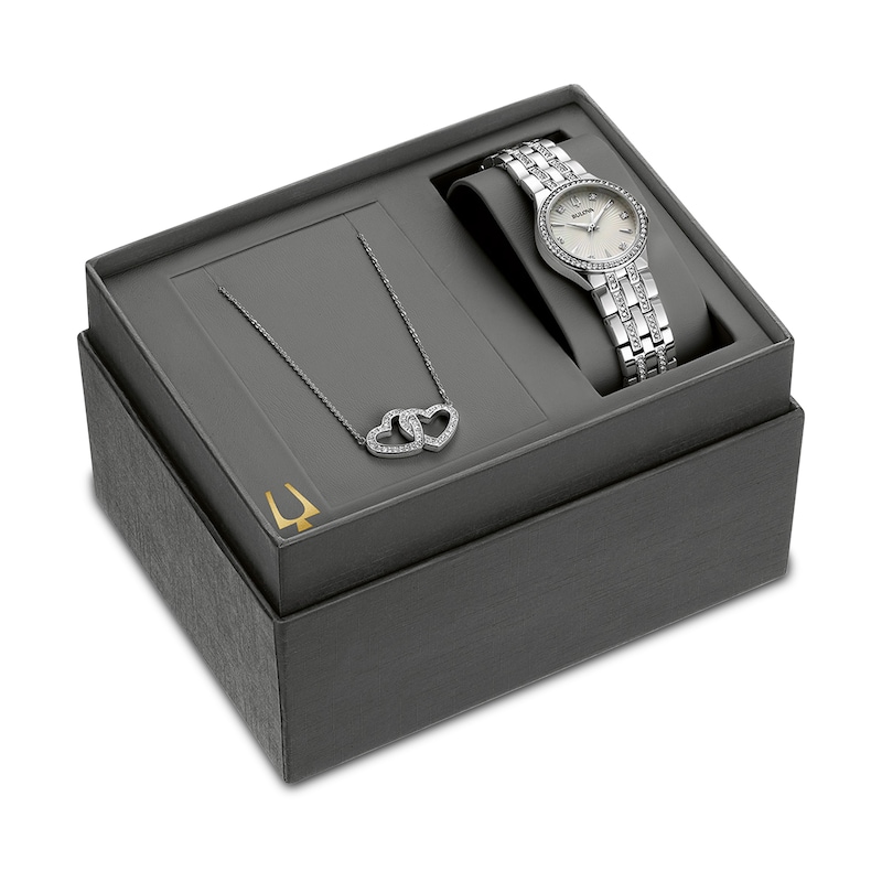 Main Image 1 of Ladies' Bulova Crystal Accent Watch with Mother-of-Pearl Dial and Heart Necklace Set (Model: 96X161)