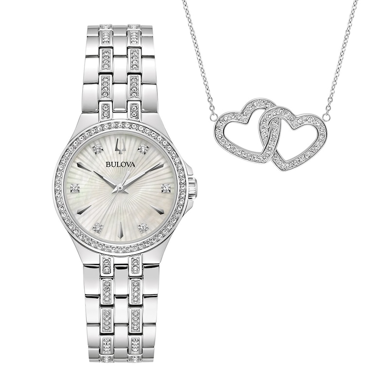 Main Image 2 of Ladies' Bulova Crystal Accent Watch with Mother-of-Pearl Dial and Heart Necklace Set (Model: 96X161)