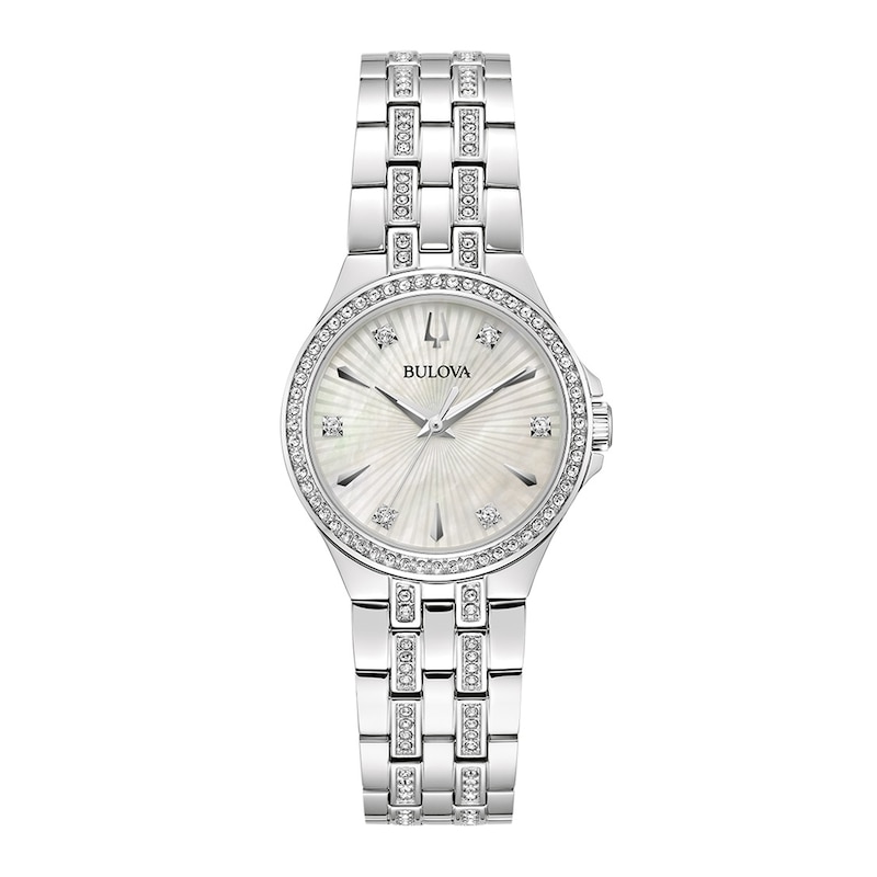 Main Image 3 of Ladies' Bulova Crystal Accent Watch with Mother-of-Pearl Dial and Heart Necklace Set (Model: 96X161)