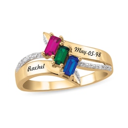 Baguette Gemstone and Diamond Accent Bypass Engravable Ring (3 Stones and 2 Lines)