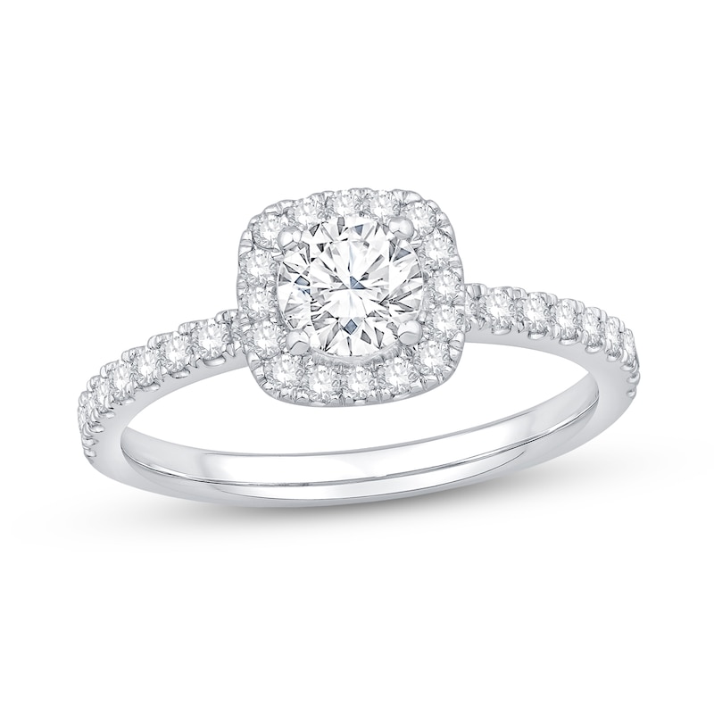 Main Image 1 of 0.95 CT. T.W. Diamond Cushion Frame Engagement Ring in Platinum (I/SI2)