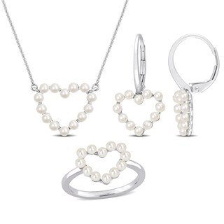 2.0-2.5mm Freshwater Cultured Pearl Heart Necklace, Ring and Drop Earrings Set in 14K White Gold