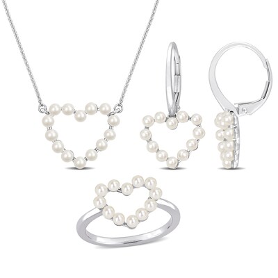 2.0-2.5mm Freshwater Cultured Pearl Heart Necklace, Ring and Drop Earrings Set in 14K White Gold