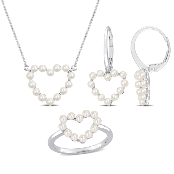 2.0-2.5mm Freshwater Cultured Pearl Heart Necklace, Ring and Drop Earrings Set in 14K White Gold
