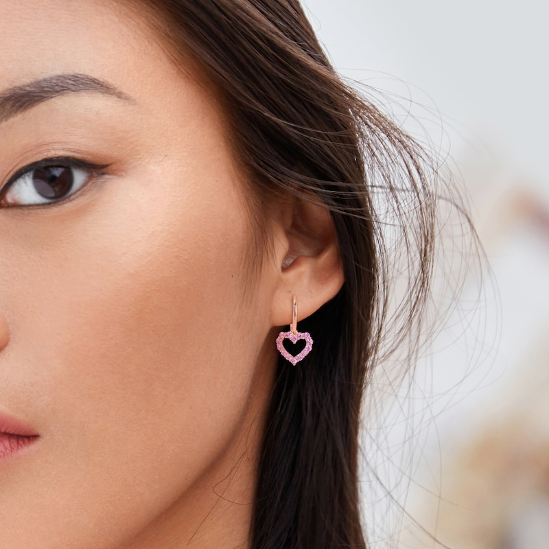 Main Image 2 of Pink Sapphire Outline Heart Drop Earrings in 10K Rose Gold