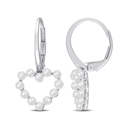 Freshwater Cultured Pearl Outline Heart Drop Earrings in 14K White Gold