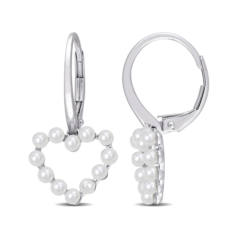 Cultured Freshwater Pearl Outline Heart Drop Earrings in 14K White Gold|Peoples Jewellers