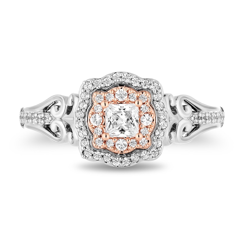 Enchanted Disney Belle 0.58 CT. T.W. Princess-Cut Diamond Ornate Engagement Ring in 14K Two-Tone Gold