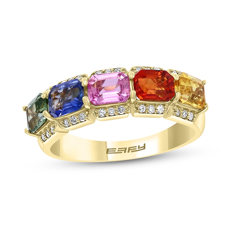 Main Image 1 of EFFY™ Collection Sideways Emerald-Cut Multi-Colour Sapphire and 0.145 CT. T.W. Diamond Five Stone Ring in 14K Gold