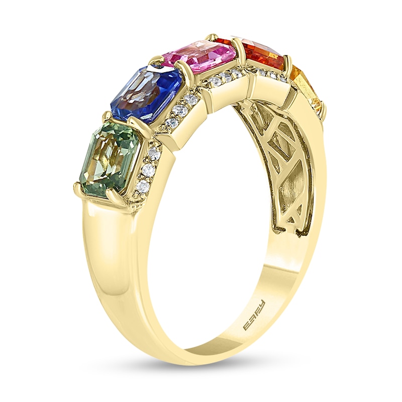 Main Image 2 of EFFY™ Collection Sideways Emerald-Cut Multi-Colour Sapphire and 0.145 CT. T.W. Diamond Five Stone Ring in 14K Gold