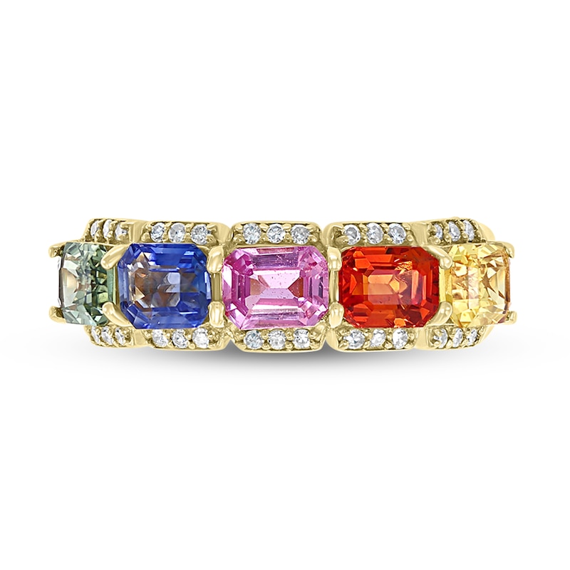 Main Image 3 of EFFY™ Collection Sideways Emerald-Cut Multi-Colour Sapphire and 0.145 CT. T.W. Diamond Five Stone Ring in 14K Gold