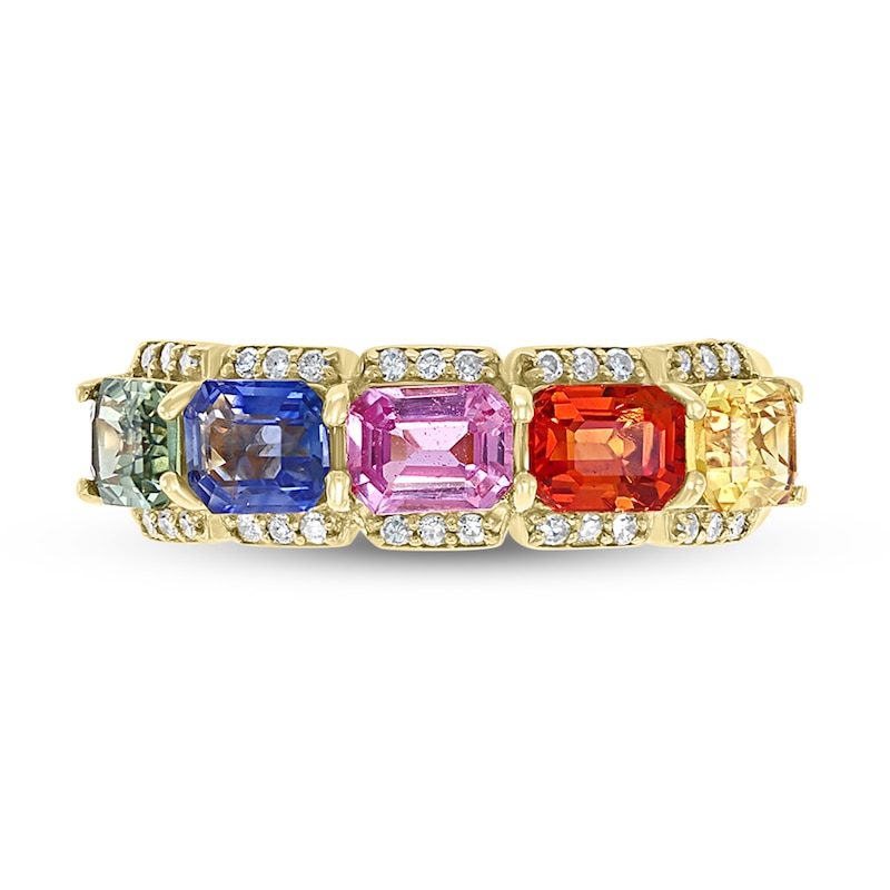 EFFY™ Collection Sideways Emerald-Cut Multi-Colour Sapphire and 0.145 CT. T.W. Diamond Five Stone Ring in 14K Gold