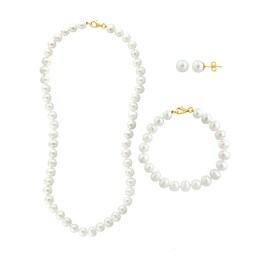 EFFY™ Collection 7.5-8.0mm Cultured Freshwater Pearl Strand Necklace, Strand Bracelet and Stud Earrings Set in 14K Gold
