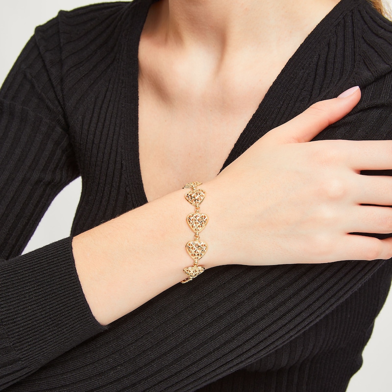 Main Image 2 of Puffed Lattice Hearts Line Bracelet in 14K Gold - 7.5"