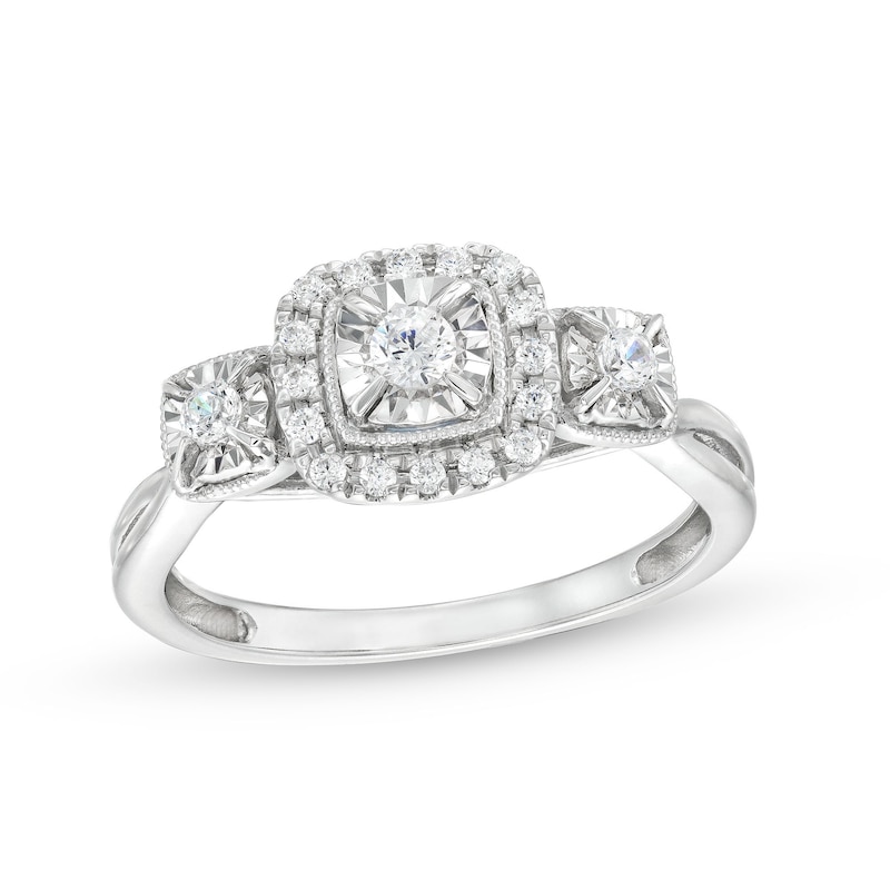 0.25 CT. T.W. Diamond Cushion Frame Miracle Past Present Future® Vintage-Style Engagement Ring in 10K White Gold