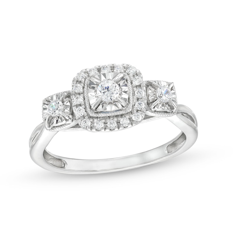 0.25 CT. T.W. Diamond Cushion Frame Miracle Past Present Future® Vintage-Style Engagement Ring in 10K Gold