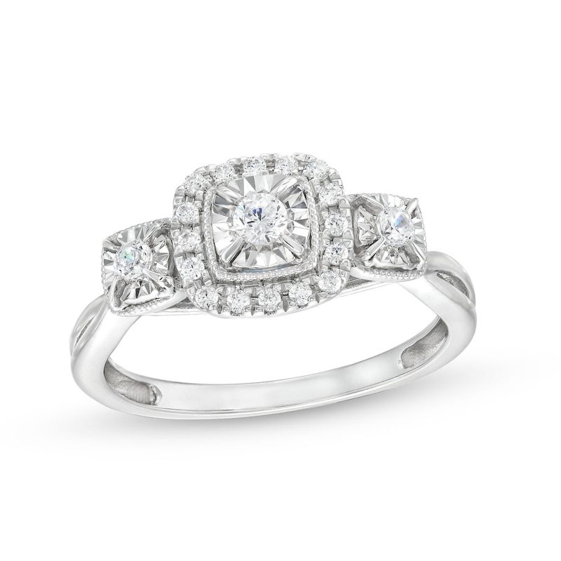 0.25 CT. T.W. Diamond Cushion Frame Miracle Past Present Future® Vintage-Style Engagement Ring in 10K White Gold|Peoples Jewellers