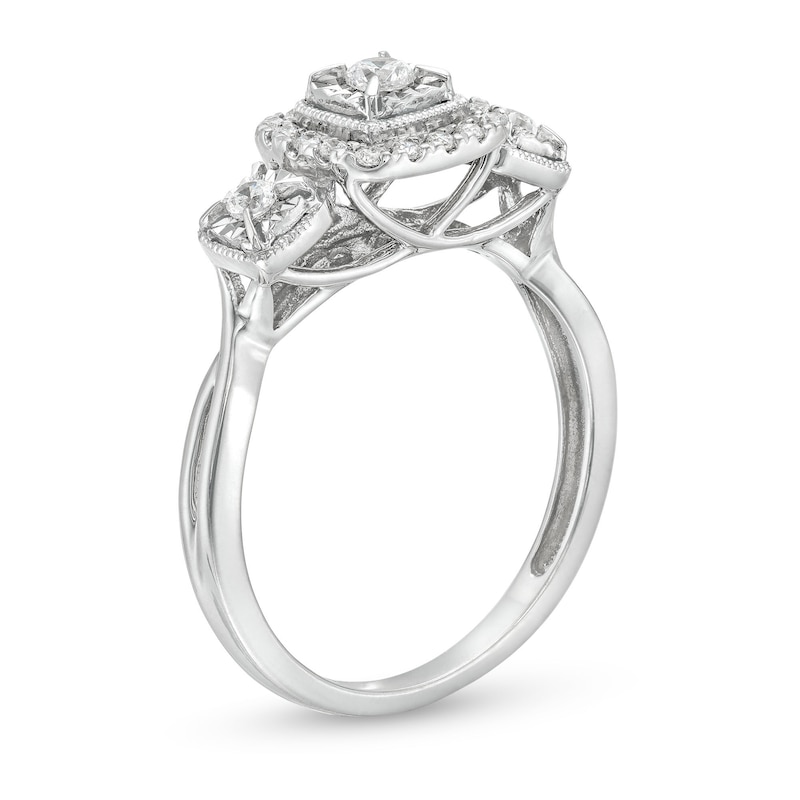 0.25 CT. T.W. Diamond Cushion Frame Miracle Past Present Future® Vintage-Style Engagement Ring in 10K White Gold
