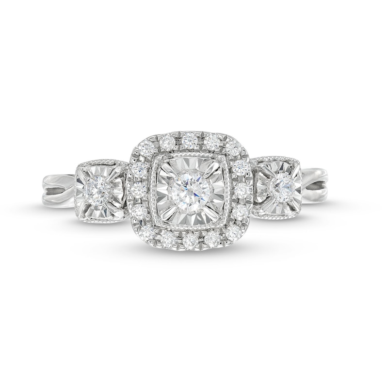 0.25 CT. T.W. Diamond Cushion Frame Miracle Past Present Future® Vintage-Style Engagement Ring in 10K White Gold