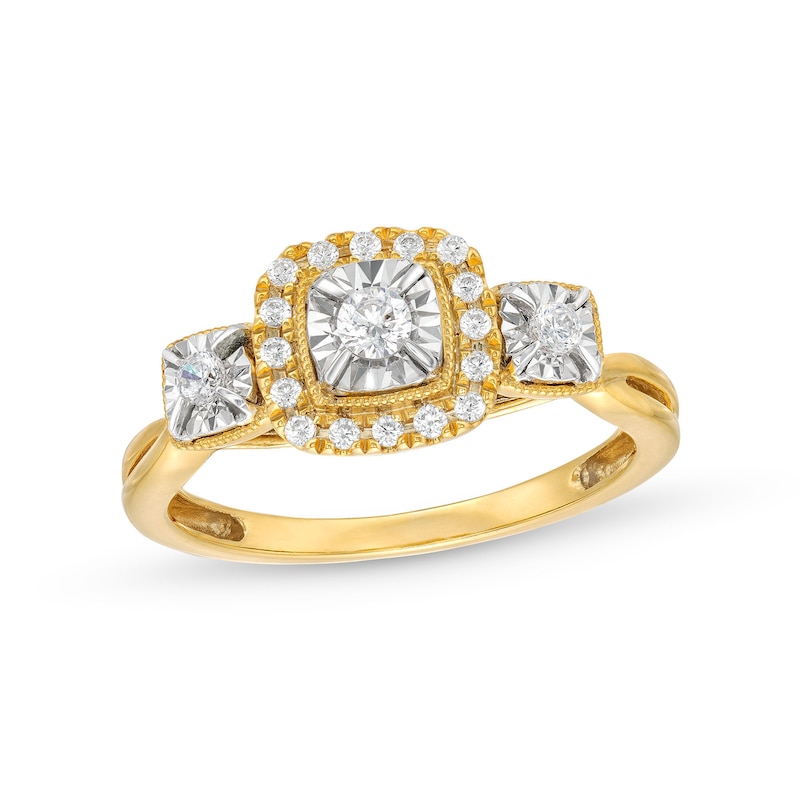 Main Image 1 of 0.25 CT. T.W. Diamond Cushion Frame Miracle Past Present Future® Vintage-Style Engagement Ring in 10K Gold