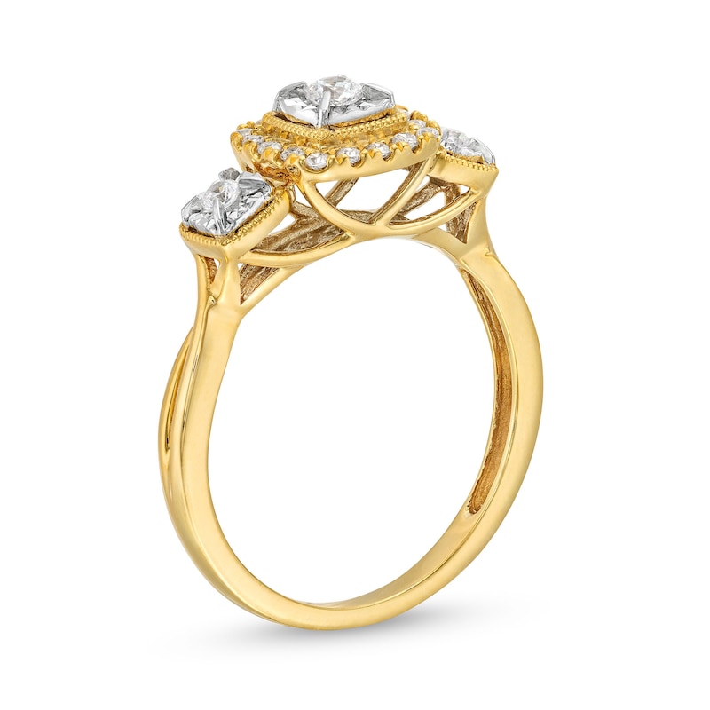 0.25 CT. T.W. Diamond Cushion Frame Miracle Past Present Future® Vintage-Style Engagement Ring in 10K Gold