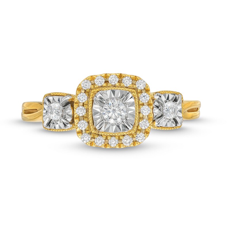 0.25 CT. T.W. Diamond Cushion Frame Miracle Past Present Future® Vintage-Style Engagement Ring in 10K Gold